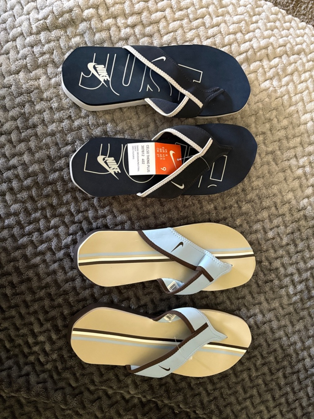 Nike Flip Flop Sandals Dark Obsidian/White and Tan/Baby Blue/White - Two Pairs
